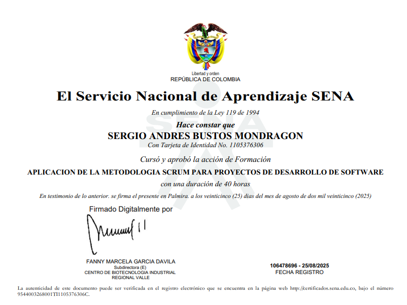 Certificado de Aplicación de la Metodología SCRUM para Proyectos de Desarrollo de Software
